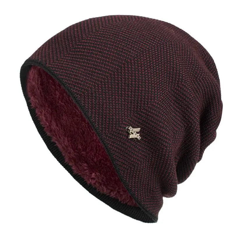 Unisex herringbone beanie with warm faux fur lining, perfect for cold weather. Knit winter hat with slouch fit.