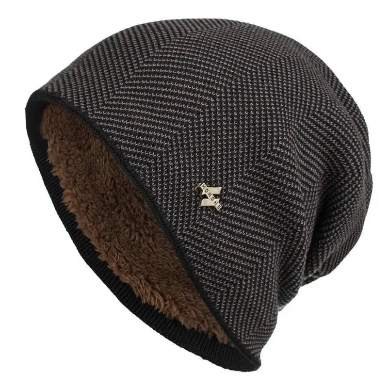 Herringbone knit beanie, unisex, with plush faux fur lining. A warm, slouch-fit winter hat for cold weather protection.