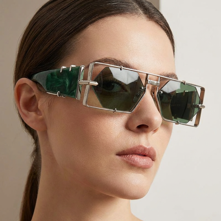 Stylish geometric hexagon sunglasses, ultimate UV protection, perfect for outdoor use.