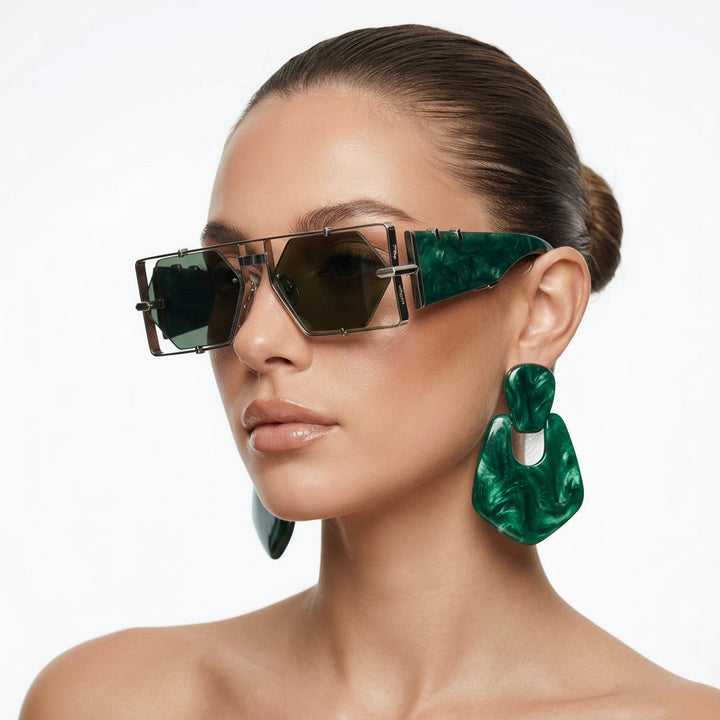 Sleek alloy frame hexagon sunglasses, UV400 protection, chic outdoor fashion eyewear.