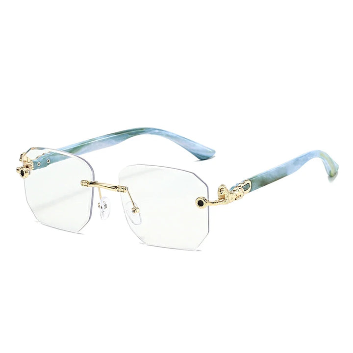 Modern frameless hexagonal luxury sunglasses, golden dragon arms, stylish and protective eyewear.