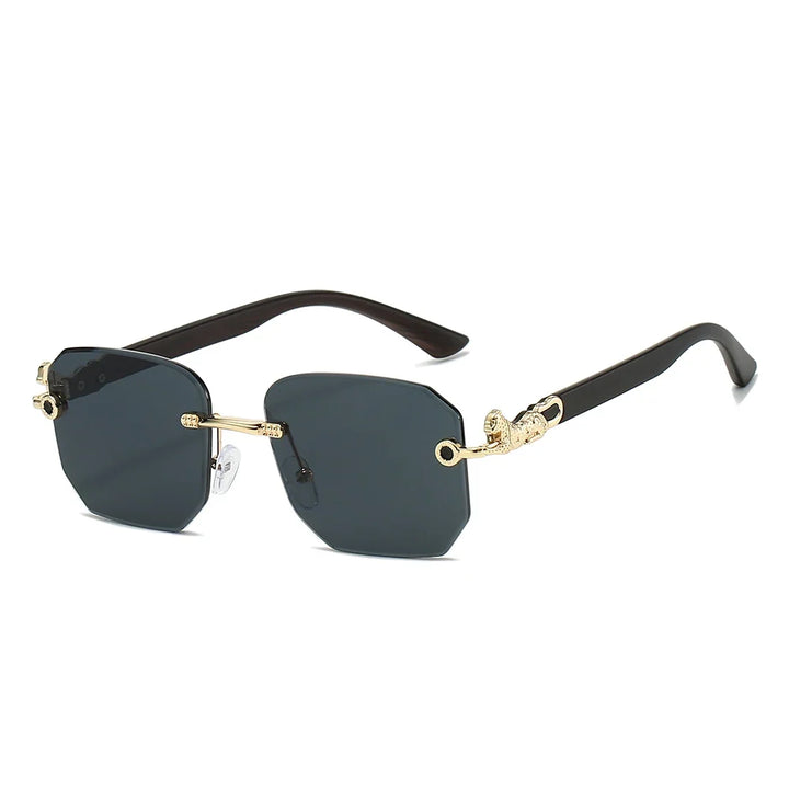 Opulent frameless hexagonal sunglasses for a unisex look, intricate dragon arms, sun protection included.