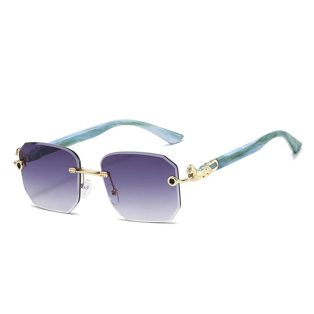 Trendy frameless hexagonal sunglasses for him & her, boasting striking dragon arms & sun protection.