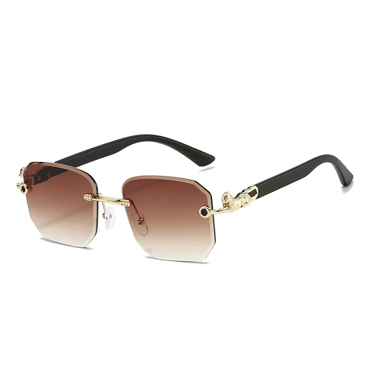 Premium hexagonal rimless sunglasses with stunning dragon arm detailing, a luxury fashion accessory.