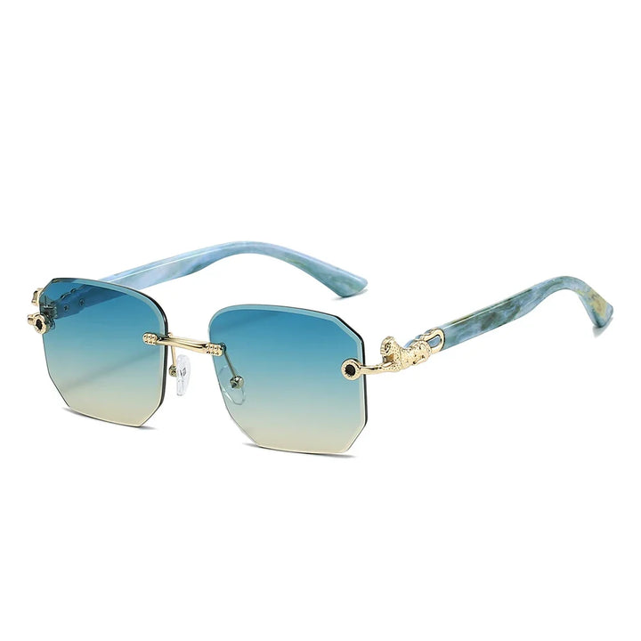 Statement frameless hexagonal sunglasses with mythical dragon arms, ensuring stylish UV eye protection.