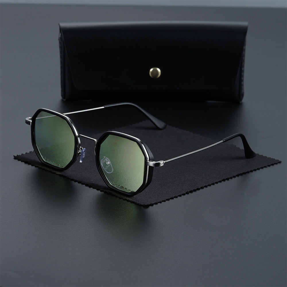 Stylish unisex hexagonal sunglasses featuring blue UV400 lenses for superior eye protection.