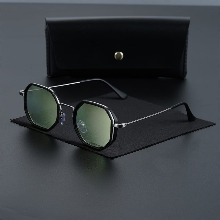 Stylish unisex hexagonal sunglasses featuring blue UV400 lenses for superior eye protection.
