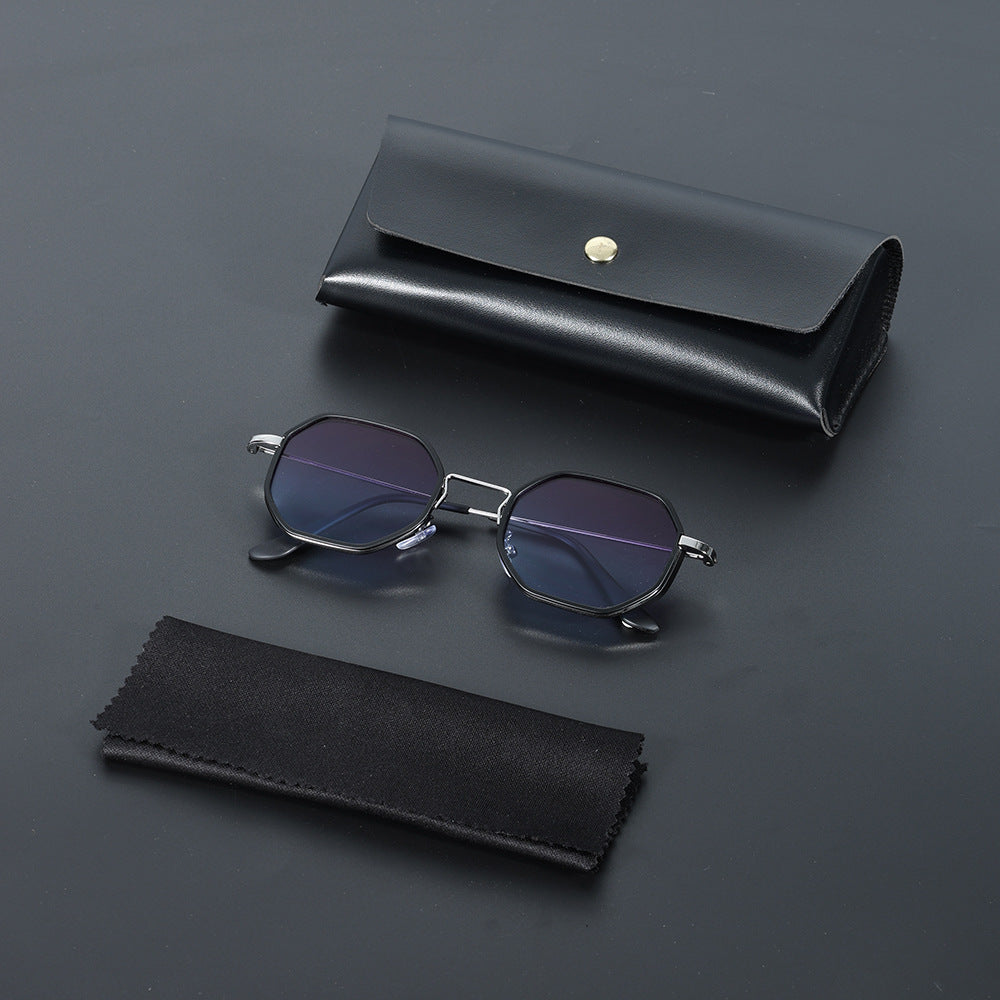 Unisex hexagonal UV400 sunglasses, available with green, blue, or black lenses for eye protection.