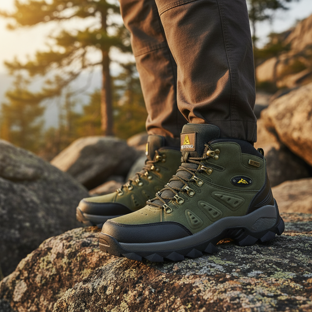 Unisex High Ankle Waterproof Hiking Boots in Blake, protecting ankles on a muddy trail.