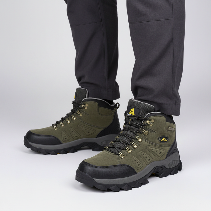 Durable high ankle hiking boots, waterproof for outdoor adventures and trail shoes.
