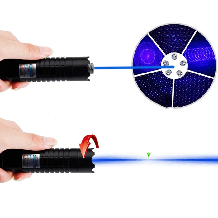 Blue tactical laser flashlight; essential outdoor gear for camping, hiking, & emergency survival situations. Rechargeable lamp.