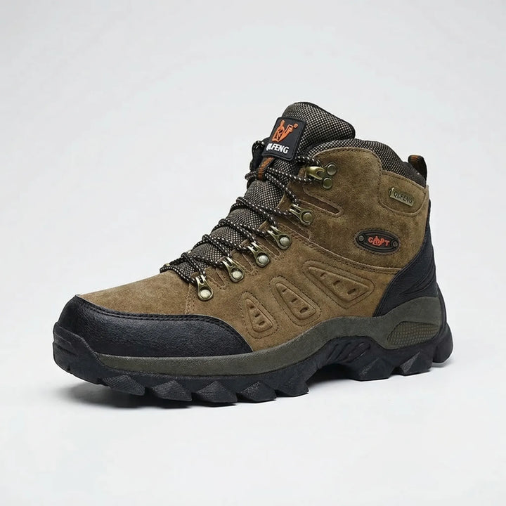 Brown lace-up high-top hiking boots for men & women, offering superior trail grip & ankle support. Durable.