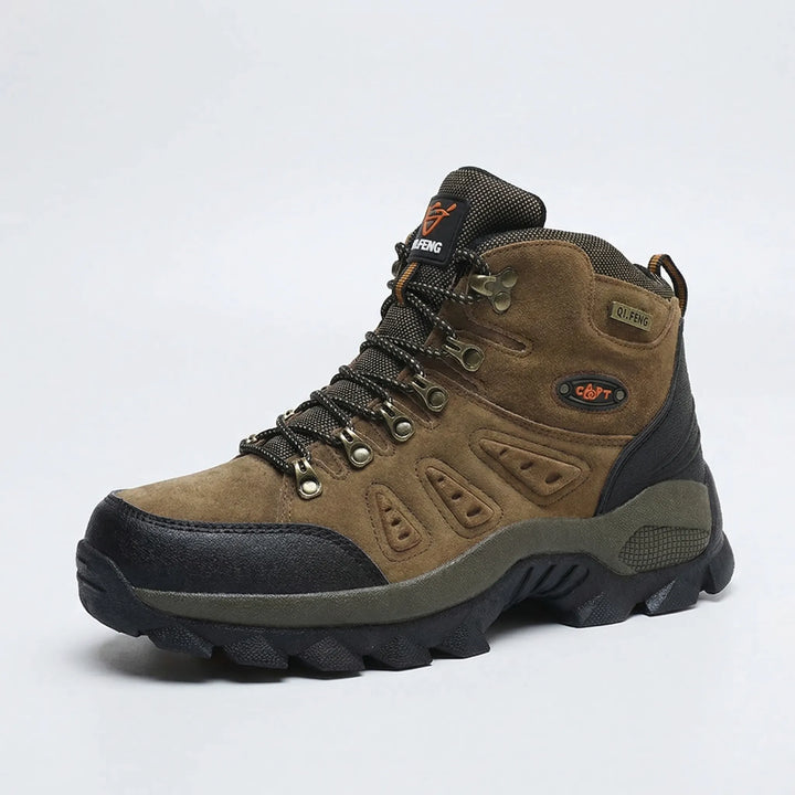 Durable green unisex high-top hiking boots for superior trail grip & ankle support. Perfect outdoor adventure gear.