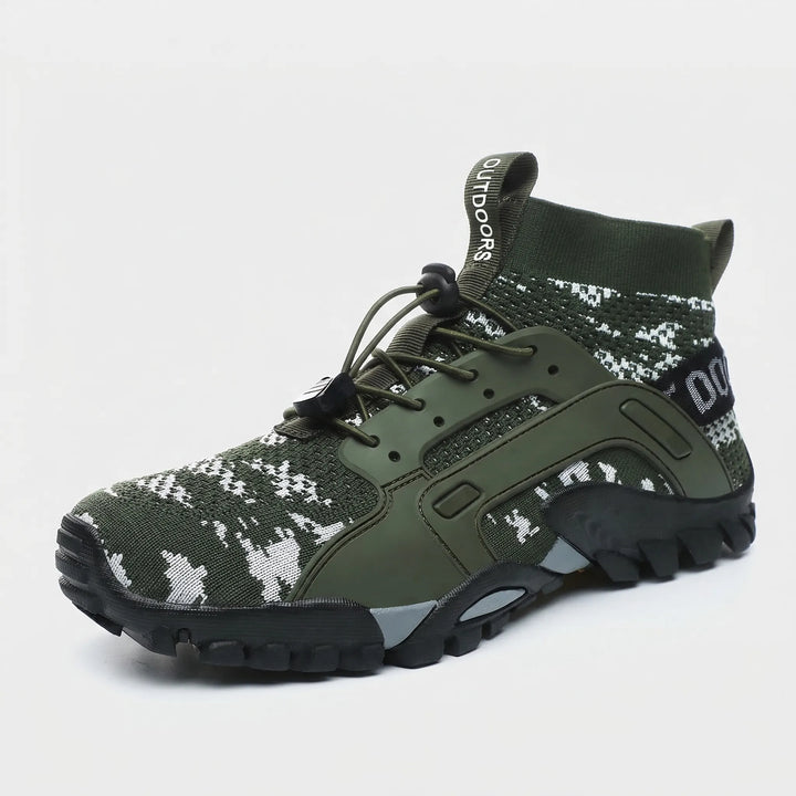Robust unisex high-top trail footwear providing all-terrain protection & breathable comfort for active explorers.