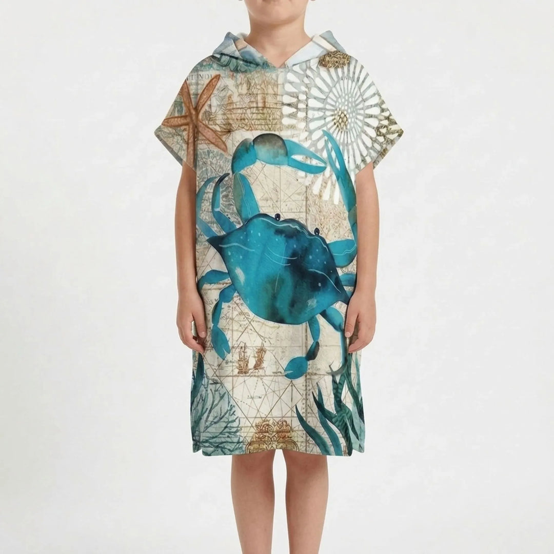 Quick-drying hooded beach poncho for convenient changing & sun protection at the shore.