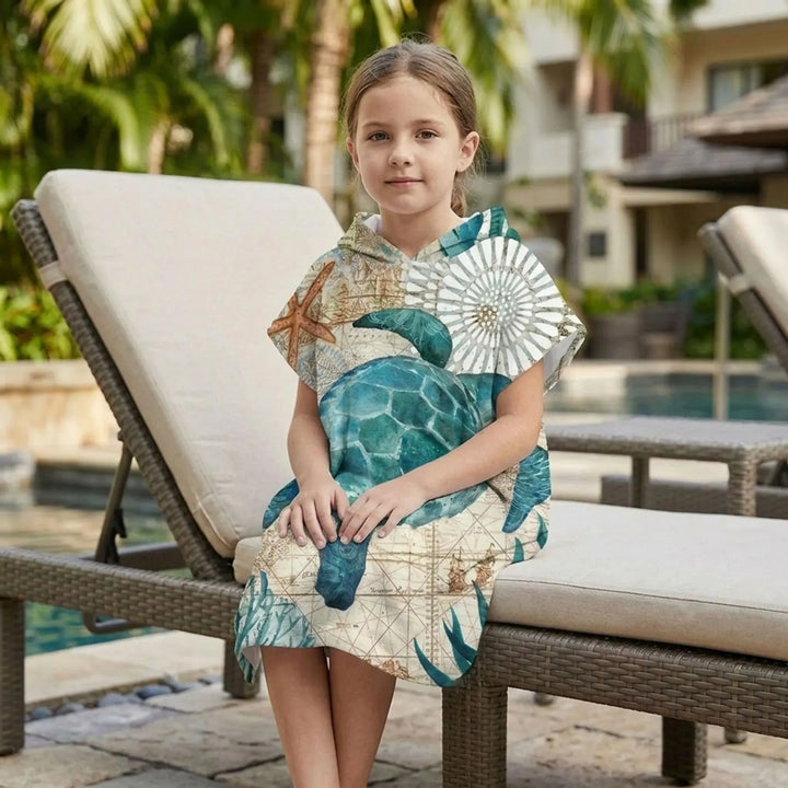 Ocean style beach poncho towel, unisex design for easy changing & fast drying by the sea.