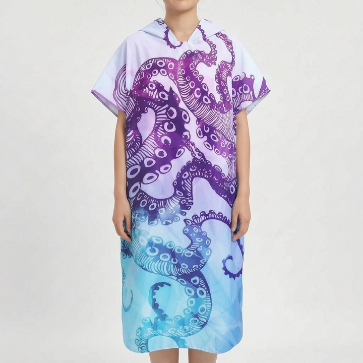 Convenient unisex hooded changing robe & beach towel. Offers privacy & warmth after swimming, surfing, or diving.