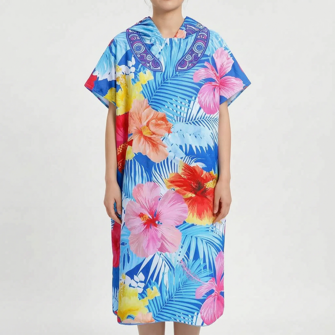 Stylish tropical print hooded poncho, doubles as a quick-dry beach towel & changing robe for men & women poolside.