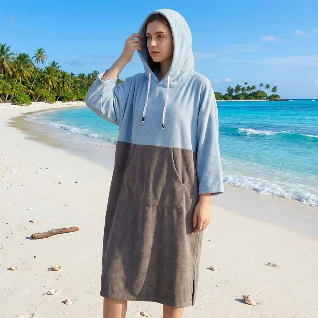 Unisex hooded changing robe for beach & watersports, quick-dry microfiber, ideal for post-swim privacy.