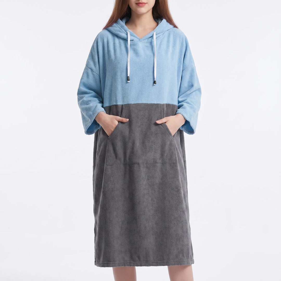 Oversized quick-dry hooded changing robe for beach, pool, or watersports. Comfortable microfiber poncho.