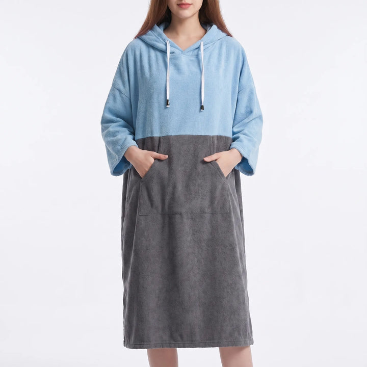 Oversized quick-dry hooded changing robe for beach, pool, or watersports. Comfortable microfiber poncho.