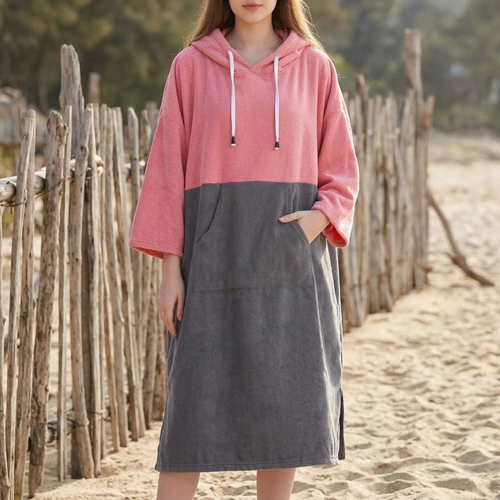 Comfortable unisex beach changing robe with hood. Quick-dry poncho for swimming & watersports.