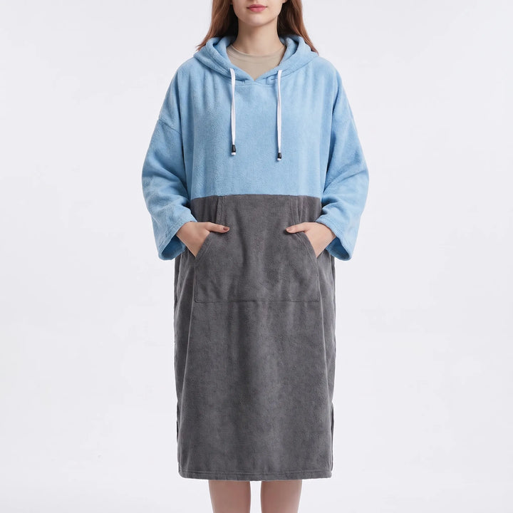 Absorbent hooded towel changing robe, unisex, for beach, pool, or watersports. Quick-dry swim coverup.