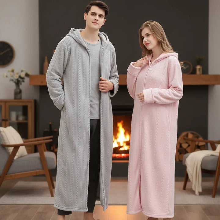 Unisex hooded flannel bathrobe, cozy loungewear with zipper, soft winter robe for men and women