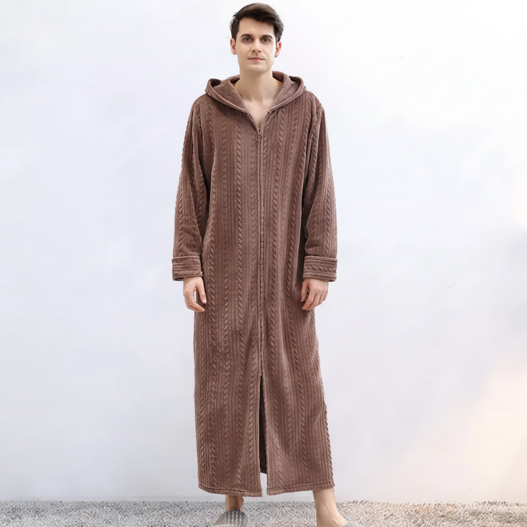 Versatile unisex hooded flannel bathrobe, perfect for home, spa, or cozy winter evenings
