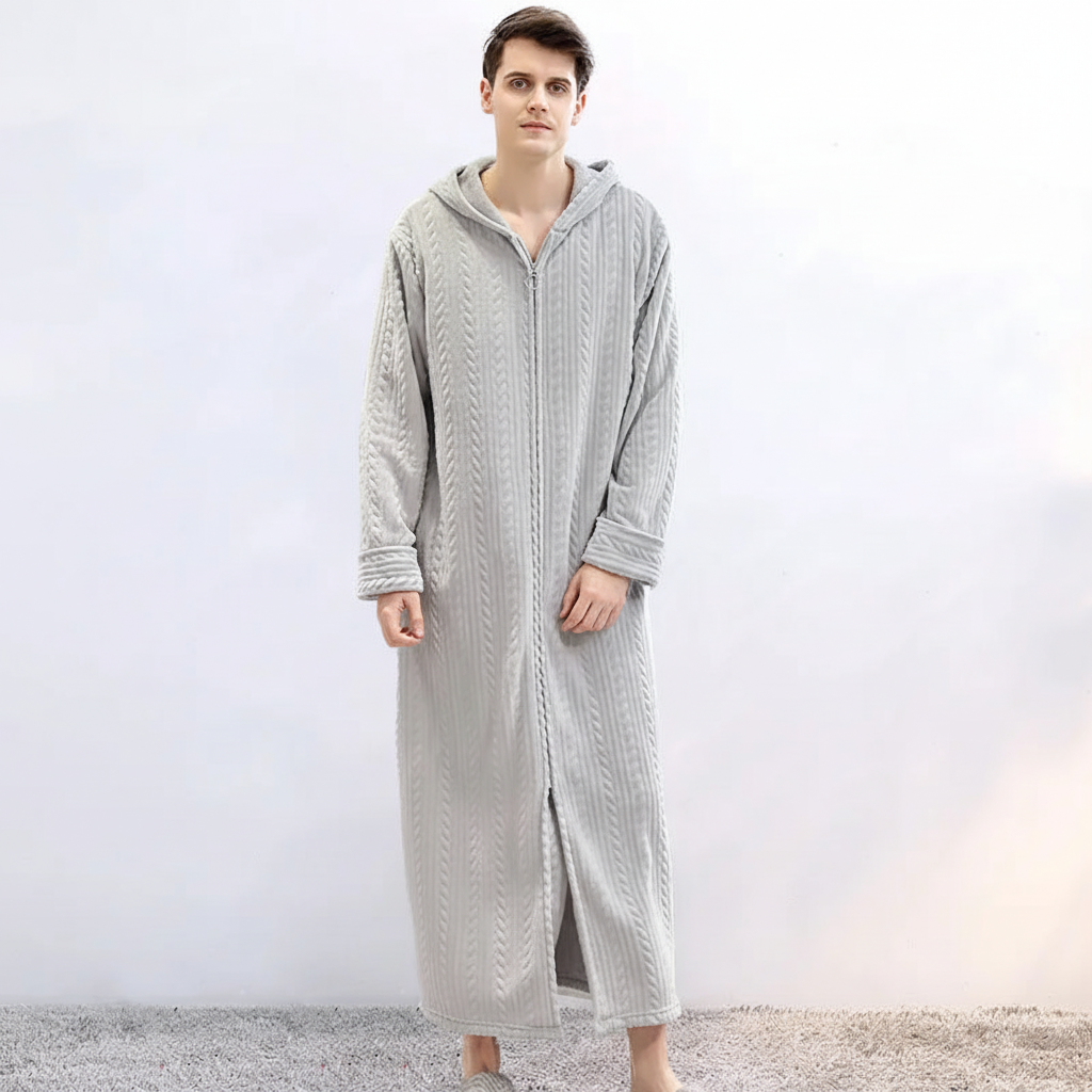 Elegant gray hooded flannel bathrobe with zipper, a must-have for luxurious sleepwear