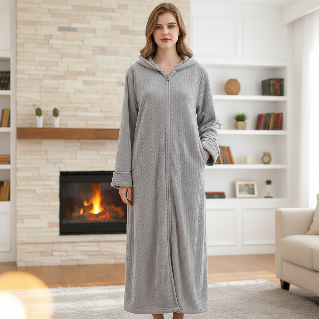 Comfortable HugGown hooded flannel bathrobe with full zipper, perfect for cozy sleepwear