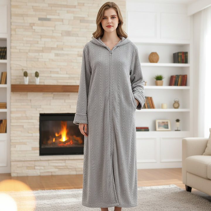 Comfortable HugGown hooded flannel bathrobe with full zipper, perfect for cozy sleepwear