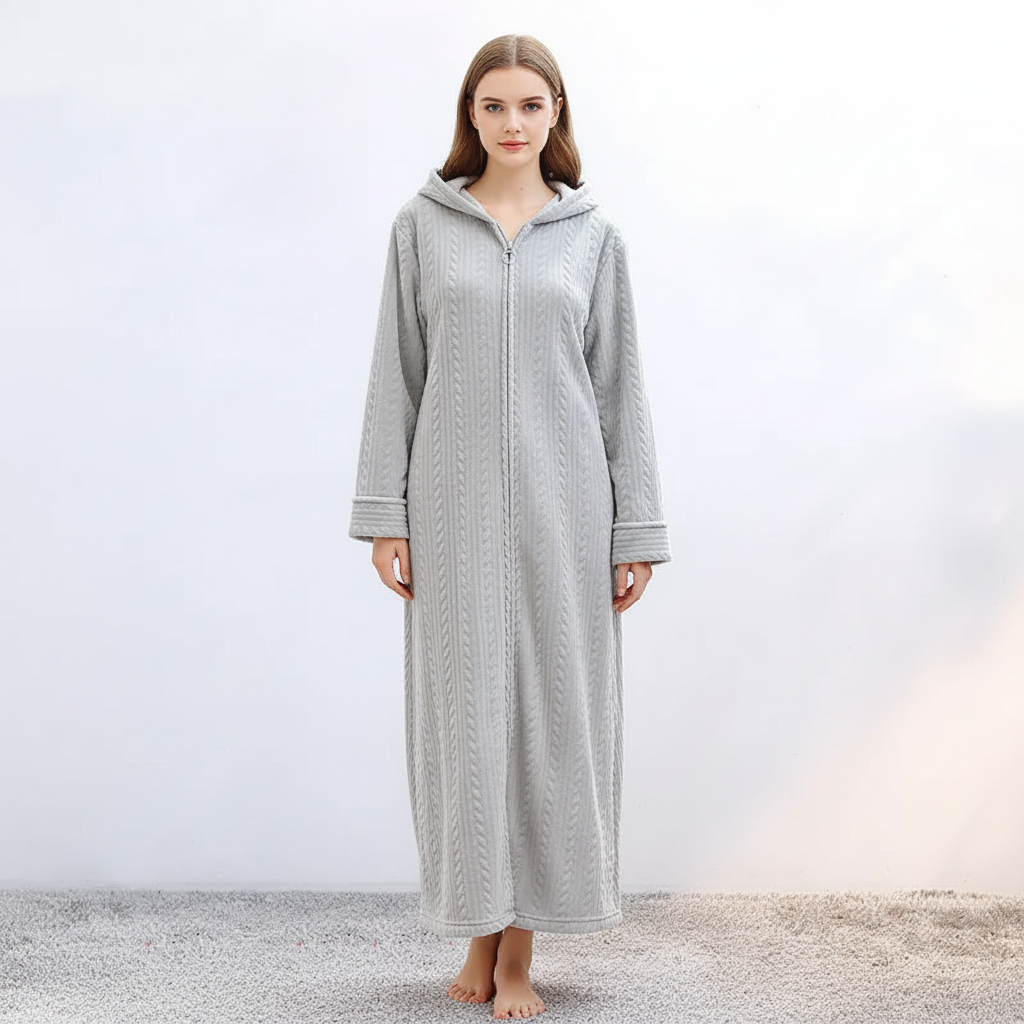 Soft unisex hooded flannel robe, warm winter loungewear with a convenient front zipper closure