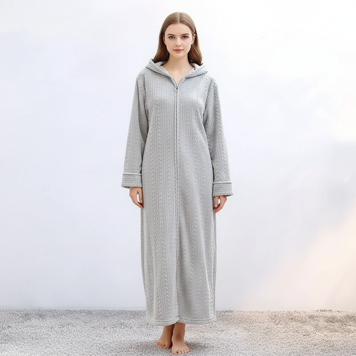 Soft unisex hooded flannel robe, warm winter loungewear with a convenient front zipper closure