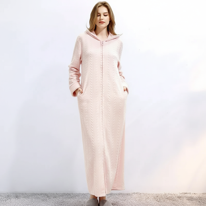 Stylish unisex hooded flannel bathrobe, ideal as cozy sleepwear or winter loungewear