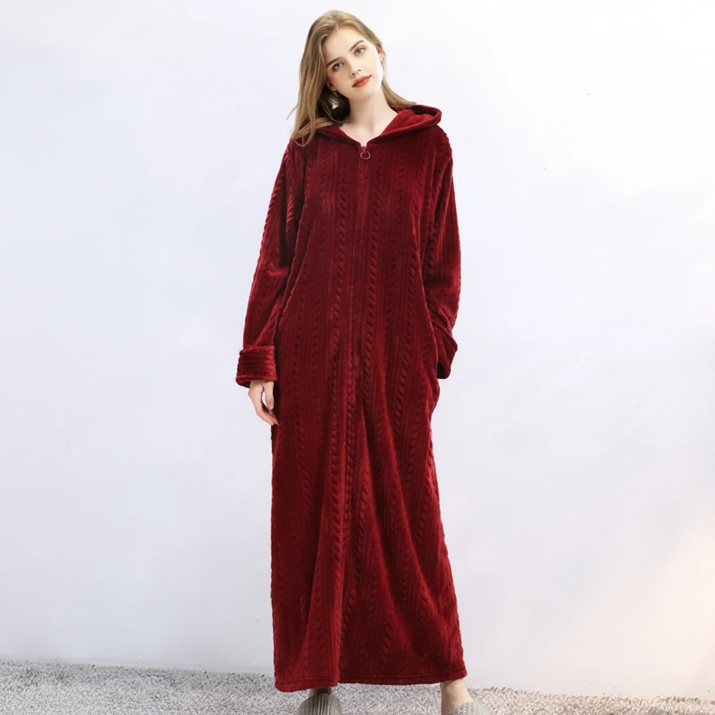 Full view of a unisex adult wearing a gray hooded flannel bathrobe with zipper, relaxed look