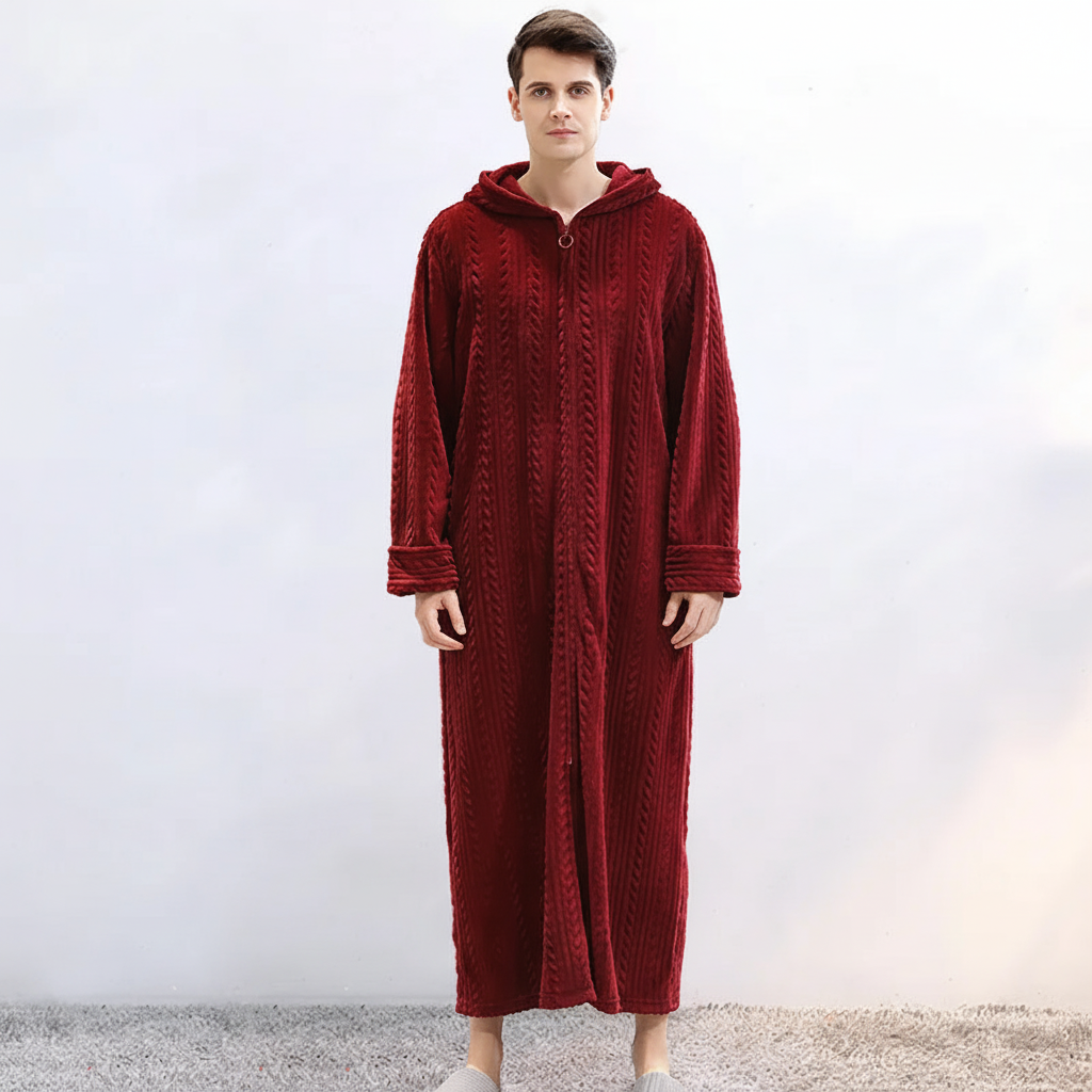Detail of the hood and flannel texture on a unisex zipped bathrobe, highlighting coziness