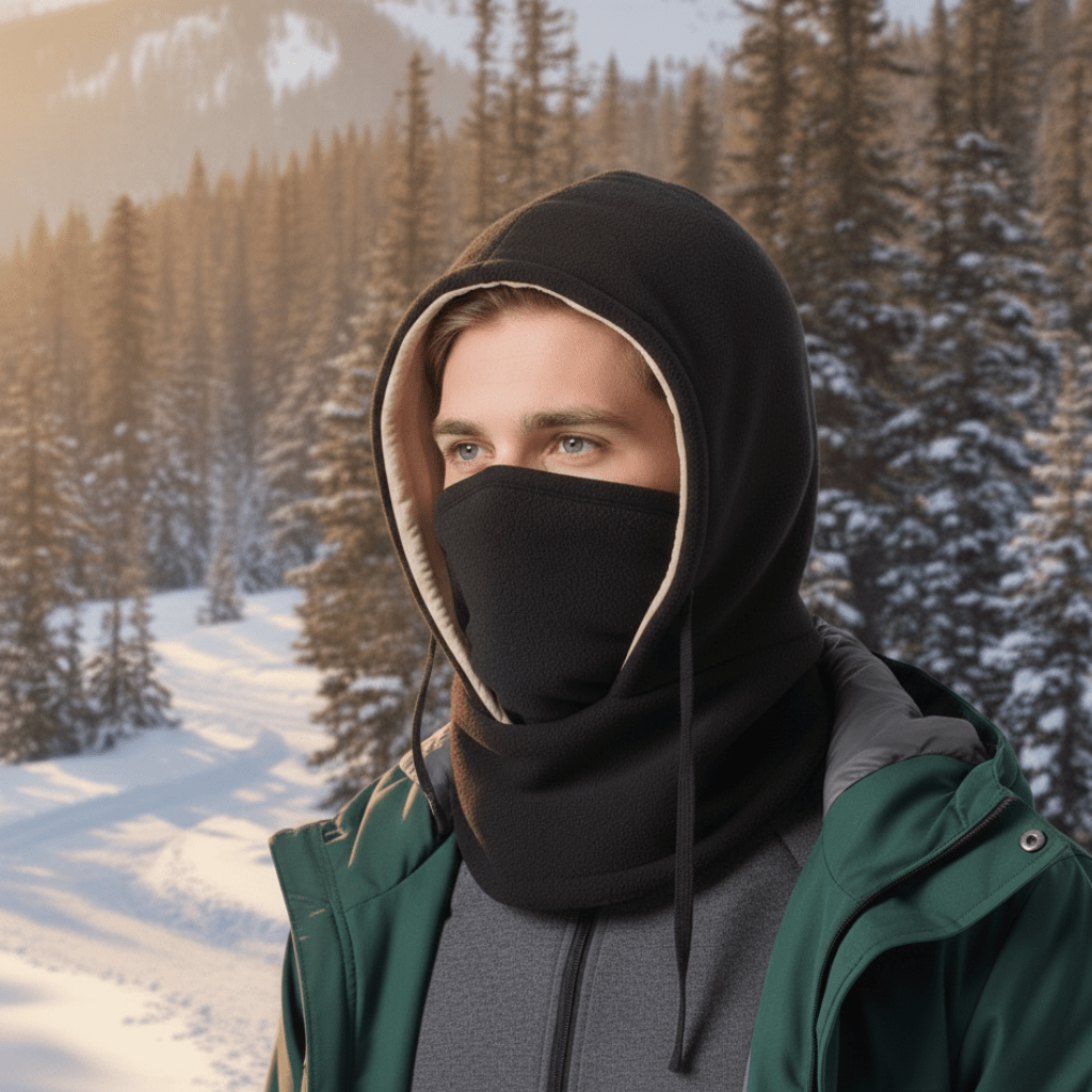 Unisex hooded neck gaiter for cold weather, providing windproof face protection and warmth for outdoor adventures.