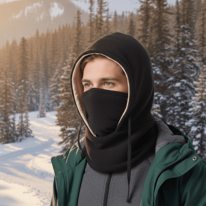 Unisex hooded neck gaiter for cold weather, providing windproof face protection and warmth for outdoor adventures.