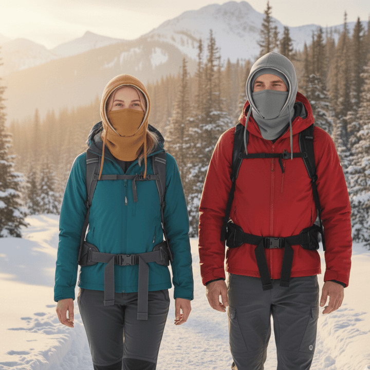 Windproof hooded neck gaiter, ideal for skiing & cycling. Offers warmth & face protection in cold winter conditions.