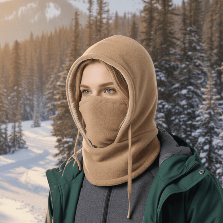 All-weather hooded neck gaiter. Unisex outdoor gear providing ultimate warmth & windproof face protection for adventurers.