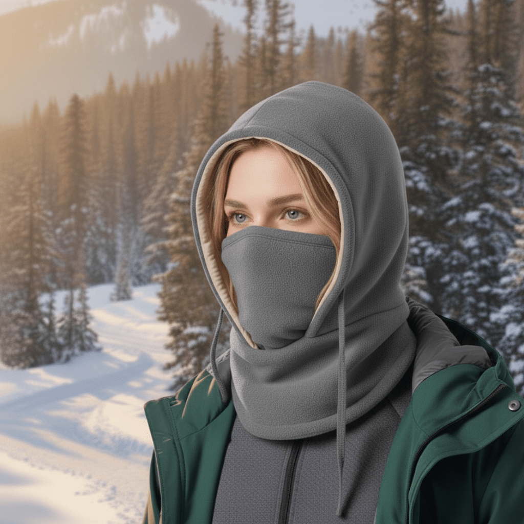 Versatile unisex hooded neck gaiter for trekking, skiing, cycling & more. All-weather face protection & warmth.