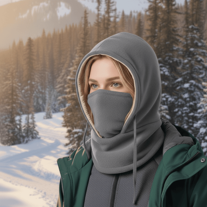 Versatile unisex hooded neck gaiter for trekking, skiing, cycling & more. All-weather face protection & warmth.