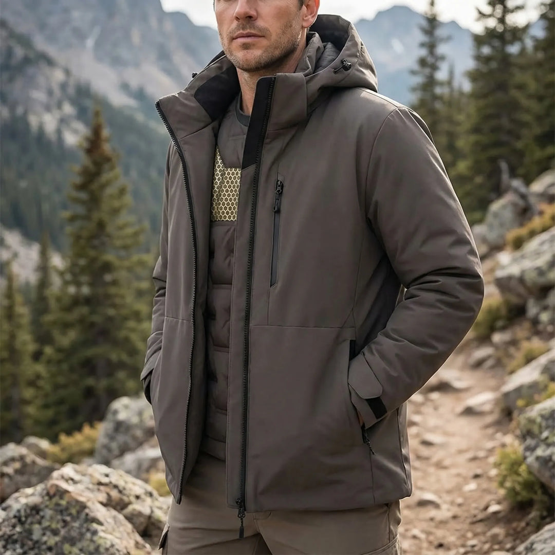Unisex hooded thermal windbreaker jacket for hiking & cold weather. Insulated, water repellent outdoor gear.