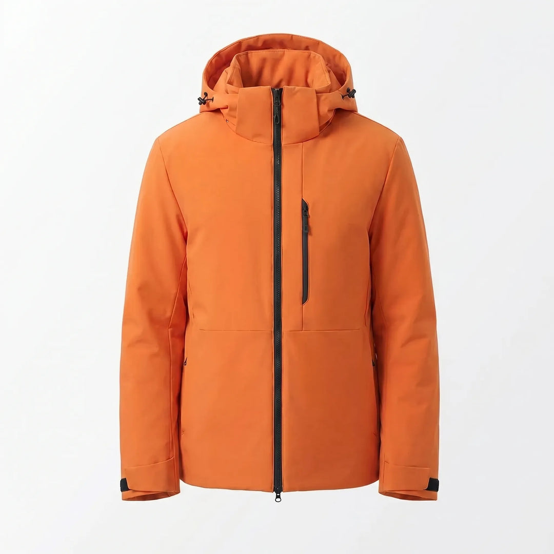 Close-up: water repellent fabric on hooded thermal jacket. Durable unisex windbreaker for outdoor adventures.