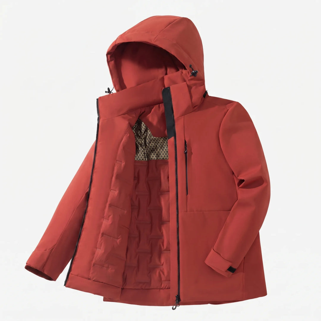 High-performance hooded thermal windbreaker for men & women. Insulated, water repellent adventure jacket for winter sports.