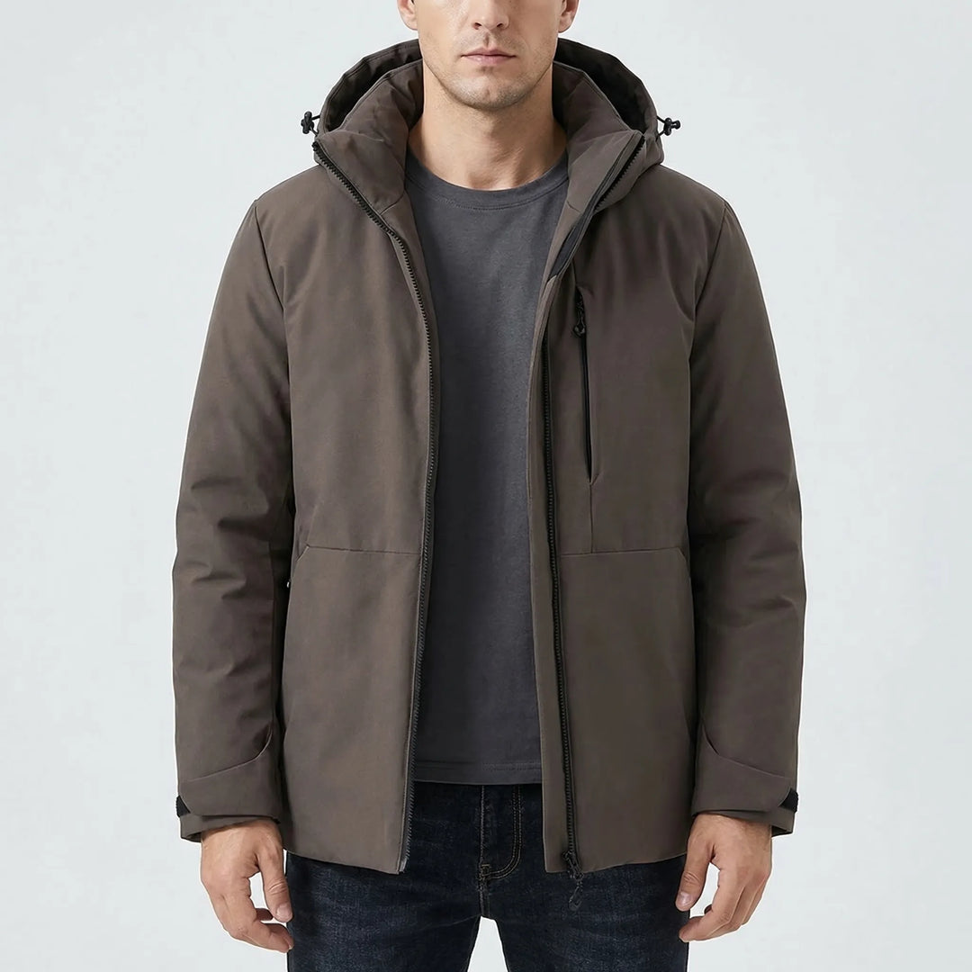 Warm hooded thermal jacket for men & women. Ideal insulated windbreaker for winter hiking & camping adventures.