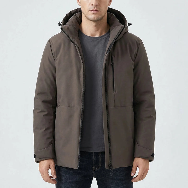 Warm hooded thermal jacket for men & women. Ideal insulated windbreaker for winter hiking & camping adventures.