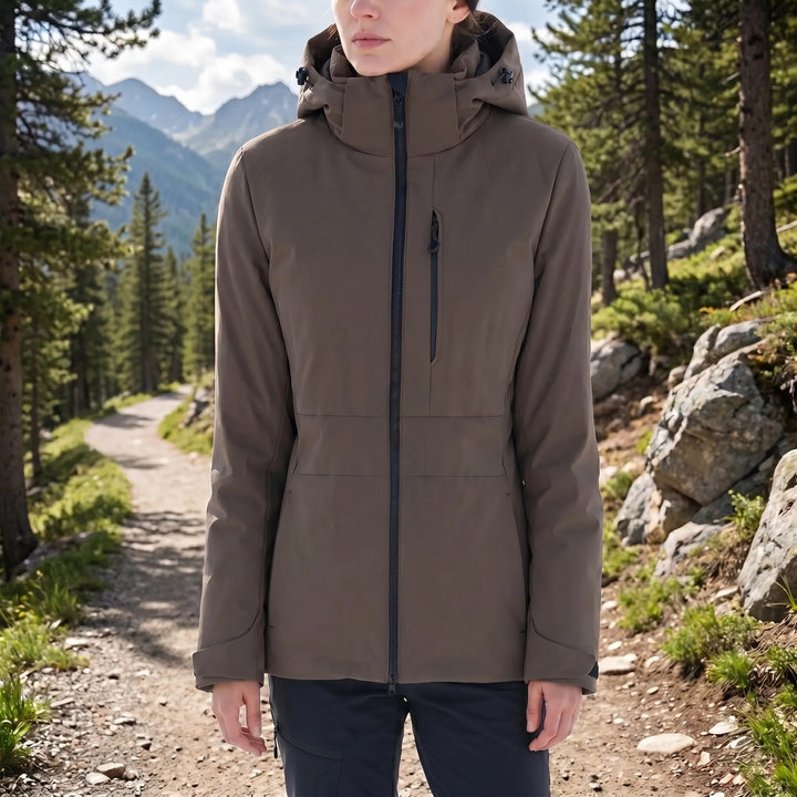 Insulated adventure jacket for outdoor use. Unisex hooded thermal coat perfect for hiking, camping & skiing.