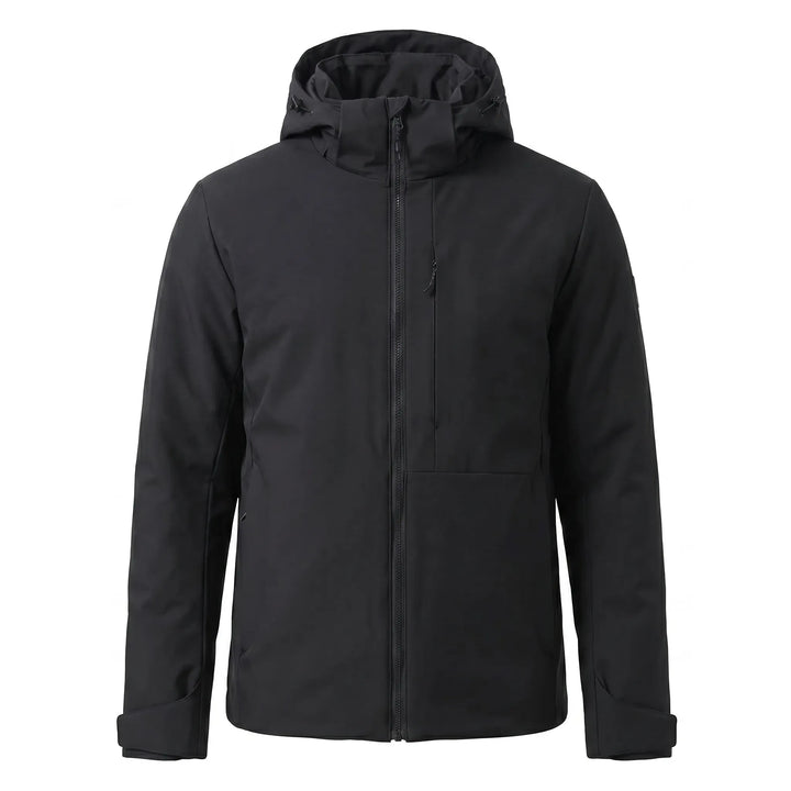 Unisex thermal windbreaker, front view. Hooded adventure jacket, water repellent & insulated for cold weather.